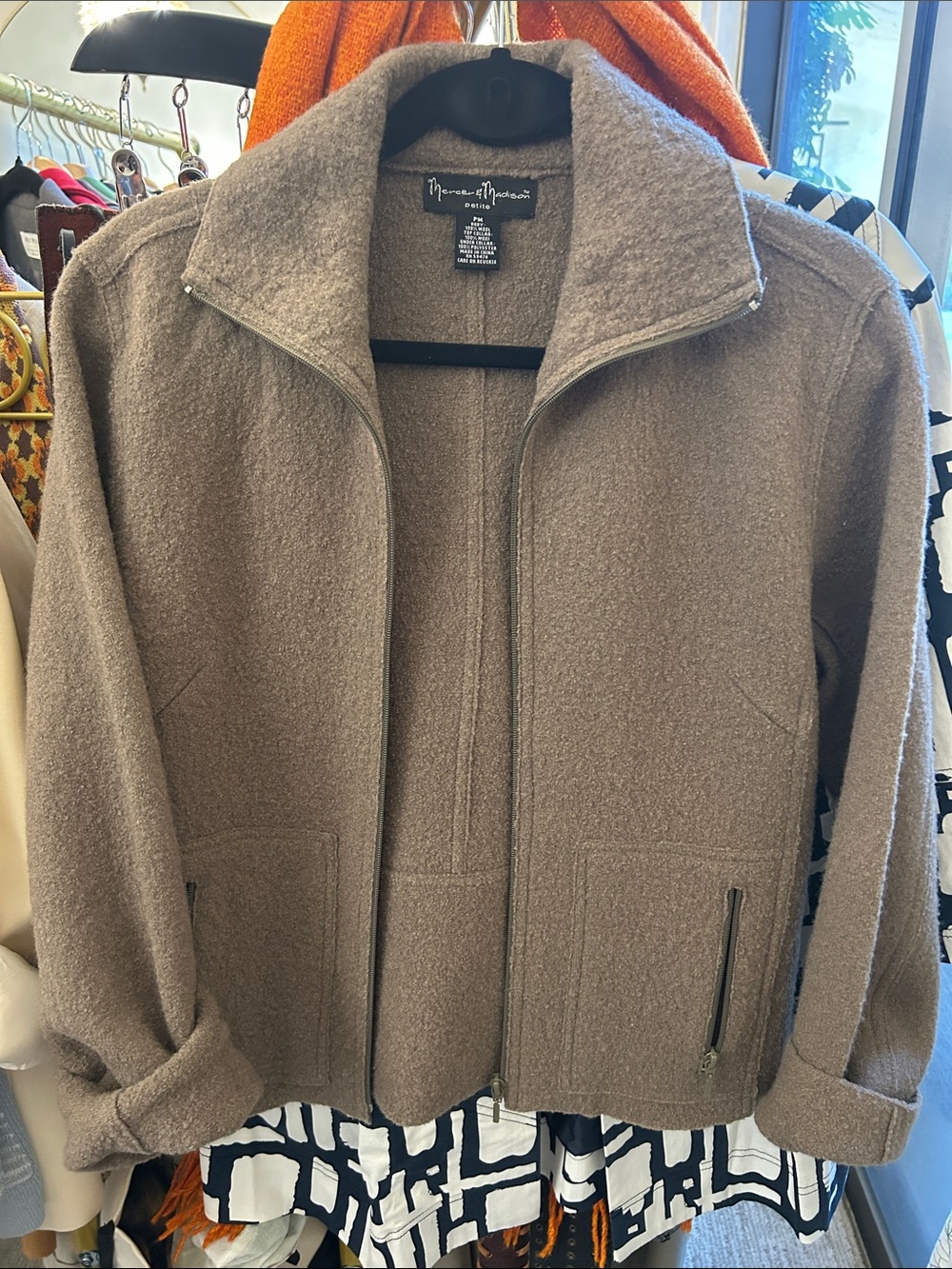 mercer & madison Taupe Zip-Front Knit Boucle Jacket